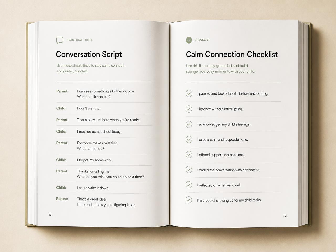 Spread showing a conversation script and a calm connection checklist